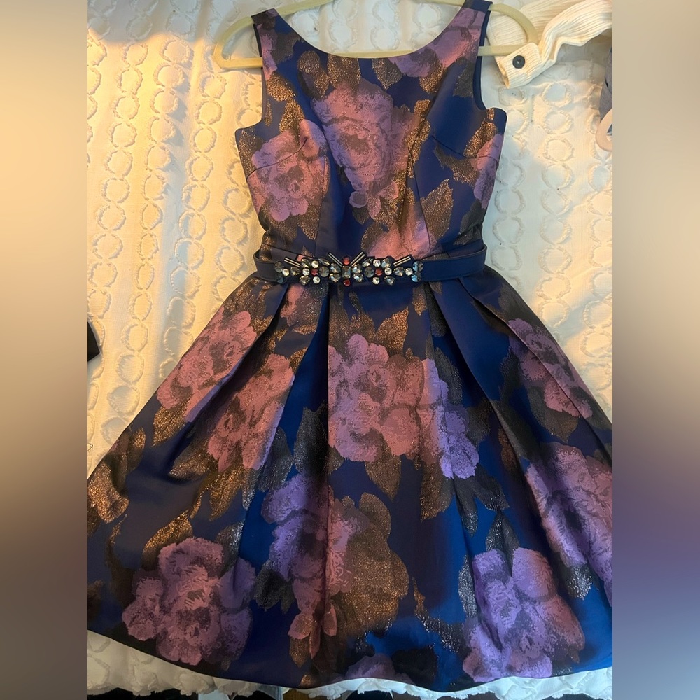 Eliza J Belted Jacquard Floral Cocktail Dress